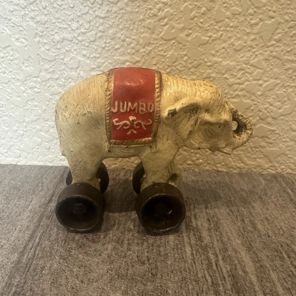 1950s Vintage Jumbo the Elephant Cast Iron Bank-- Rolling Circus Decor